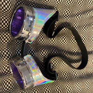 Silver Iridescent Cyberpunk Aviator Goggles Purple Lens